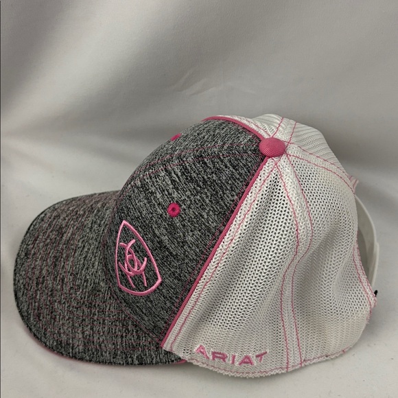 ARIAT Womens Gray Pink White Shield Logo Mesh Back Adjustable Cap 110 Flexfit - Picture 2 of 8
